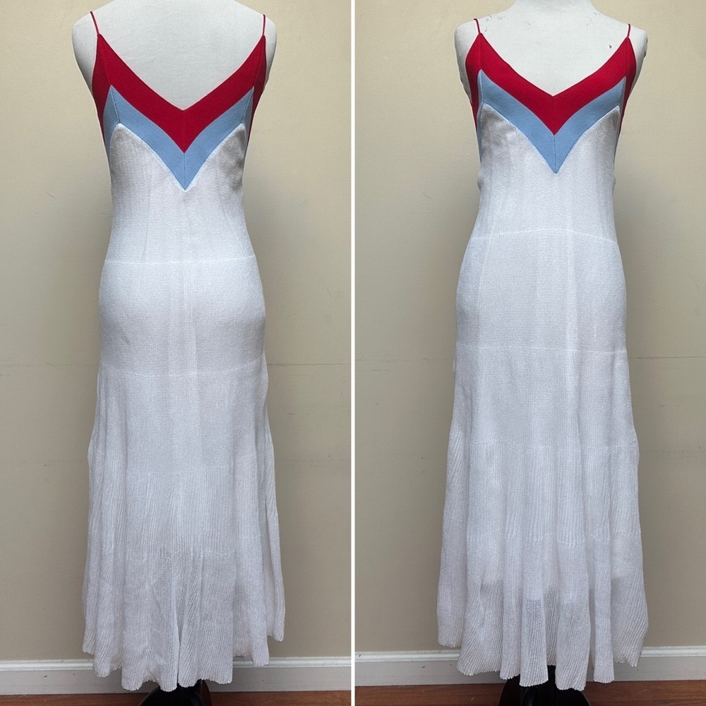 Sandro Runway V-Neck Knit Midi Dress Red Blue White Size 1 (US Small) - Picture 2 of 12